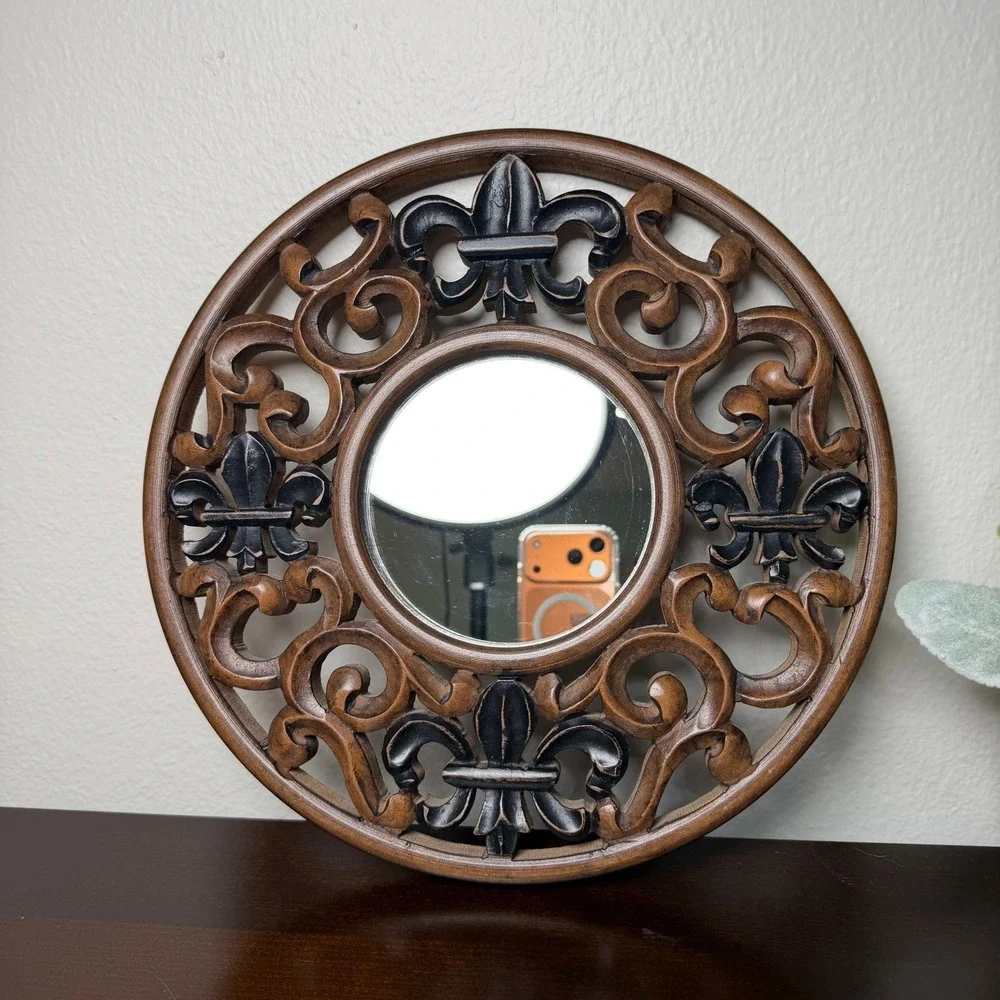 Round Wood Fleur de Lis Wall‎ Mirror Brown Black Scrollwork Ornate